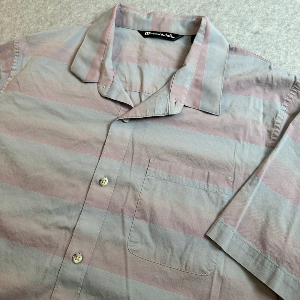 TravisMathew Mens Short Sleeve Button Down Striped Camp Shirt Blue Mauve Large
